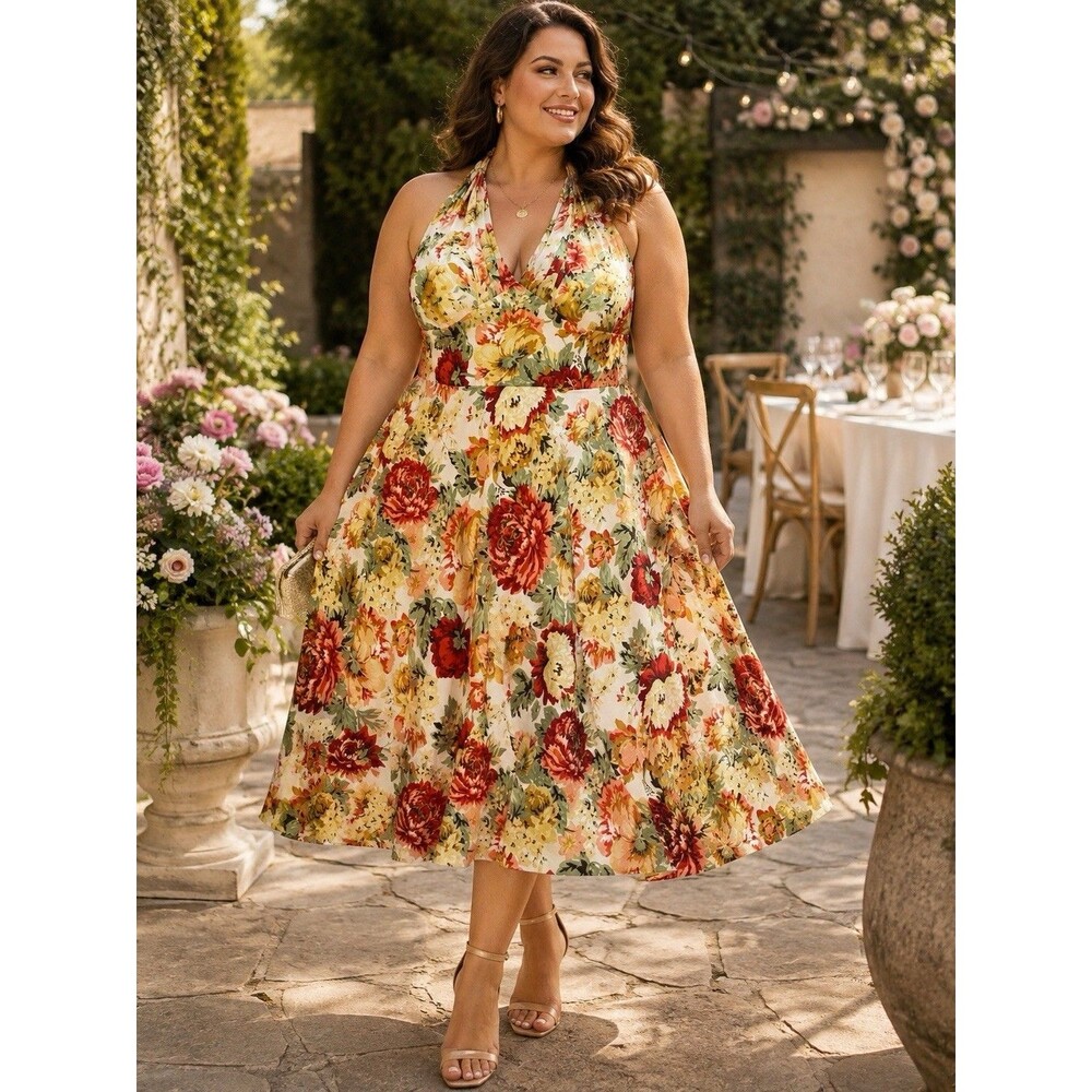 Donna Ricco New York 24W 100% Silk Lined Floral Halter Dress Fit Flare Plus Size